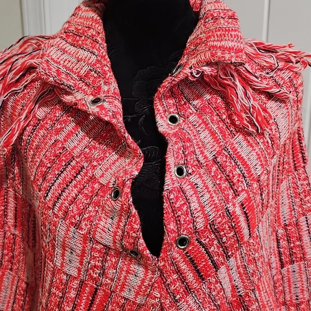 Boho Orange, Black and White Fringe Poncho, Womens One Size - Picture 2 of 7